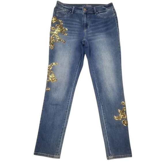 Chico's Jeans Women's Size 8 Platinum Gold Leaf Jeggings Medium Wash - Picture 1 of 12
